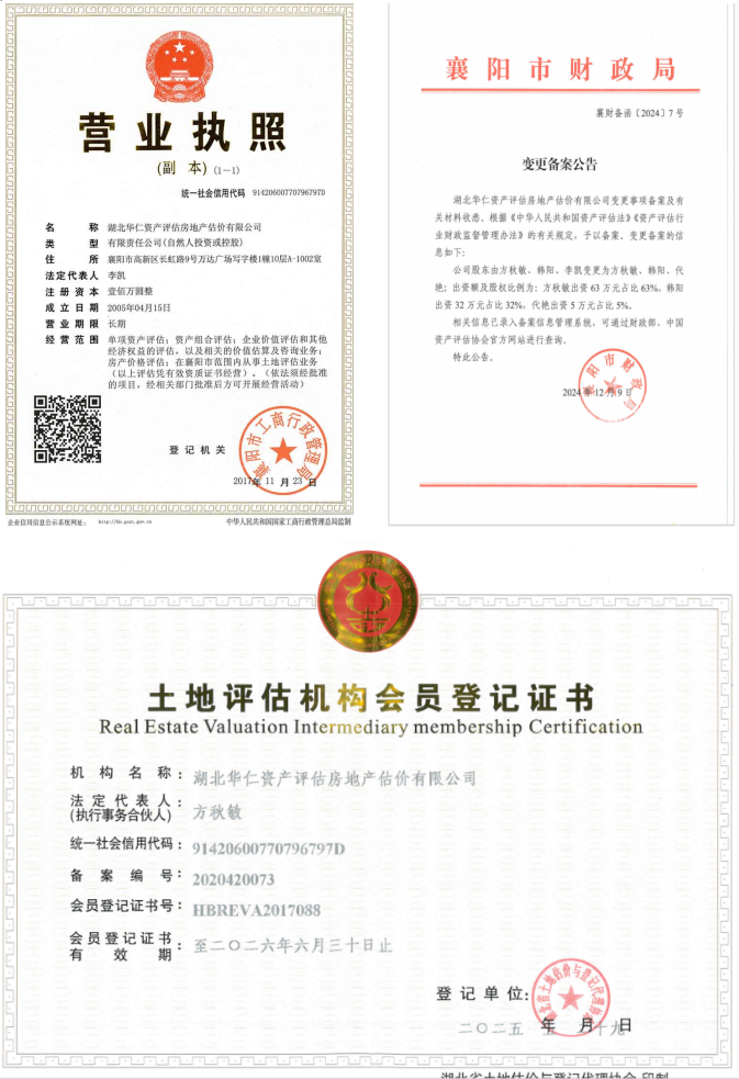 華仁資產(chǎn)評估房地產(chǎn)估價有限公司營業(yè)執(zhí)照、資產(chǎn)評估備案公告、土地評估機(jī)構(gòu)登記證書